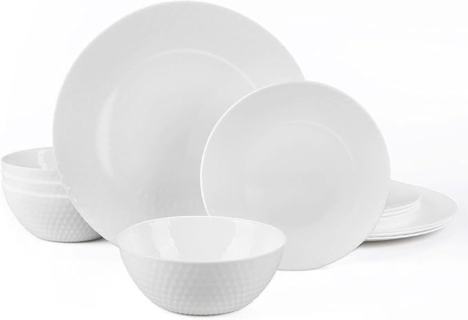 Dinnerware Sets for 4, Light & Durable 12 Pieces Opal Glass Plates and Bowls Set, Dishwasher and Microwave Safe Ribbed Dish Dinning Ware, Thin but Strong Geometric Faceted White