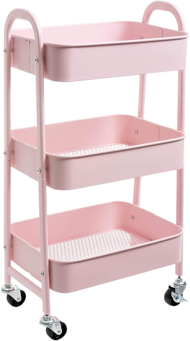 AGTEK Makeup Cart, Movable Rolling Organizer Cart, 3 Tier Metal Utility Cart Pink