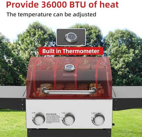 Veralune 3 Burner Gas Grill, Outdoor Propane Grill with Wheels, 445 SQ. IN
