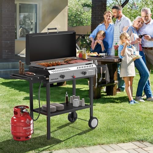 ROVSUN 2 Burner Outdoor Propane Gas Stove with Auto-ignition, Regulator & Shelf, 150,000 BTU Powerful Stand Cooker for Backyard Patio Cooking Home Brewing Canning Turkey Frying