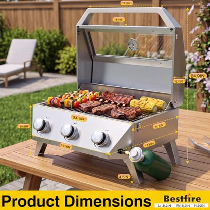 BESTFIRE 3 Burner Propane Grill, 30000 BTU Stainless Steel Tabletop BBQ, Portable Gas BBQ with Glass Lid, Thermometer & Dual Tank Adapter for 1lb/20lb, Outdoor Camping Tailgating 29.72" Wide