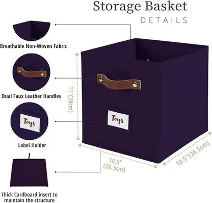DECOMOMO Storage Bins, Cube Storage Bin with Labels, Fabric Storage Cubes for Shelves (10.5" x 11" / 6pcs, Deep Purple)