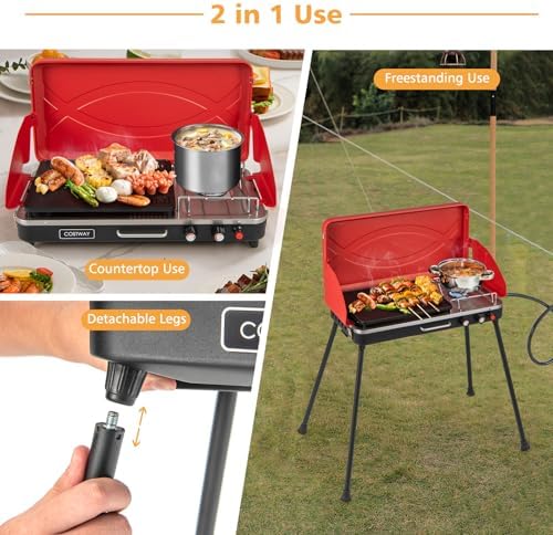 LDAILY 2-Burner Portable Gas Grill, Portable BBQ Grill Propane with Removable Legs, 20,000 BTU Dual Cooking Zones, Wind Guard & Foldable Design, Outdoor Camping Stove, Picnics, Party (Red)