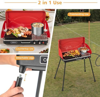LDAILY 2-Burner Portable Gas Grill, Portable BBQ Grill Propane with Removable Legs, 20,000 BTU Dual Cooking Zones, Wind Guard & Foldable Design, Outdoor Camping Stove, Picnics, Party (Red)