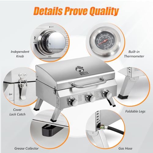 ROVSUN 3 Burner Portable Gas Grill, 30000 BTU Outdoor Tabletop Propane Grill with Ignition, Built-in Thermometer & Full Stainless Steel Body for Patio Garden Backyard Camping BBQ Picnic
