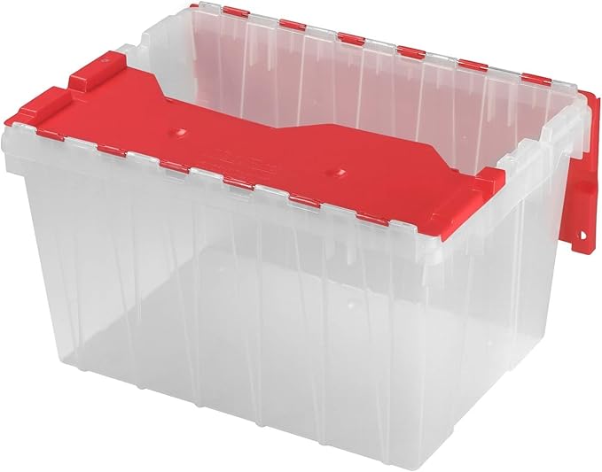 Akro-Mils KeepBox 12 Gallon Storage Container, Nesting and Stackable Plastic Storage Box with Lid Attached, Clear Tote for Garages, Closets, and Moving, 21-1/2" x 15" x 12-1/2", Clear/Red