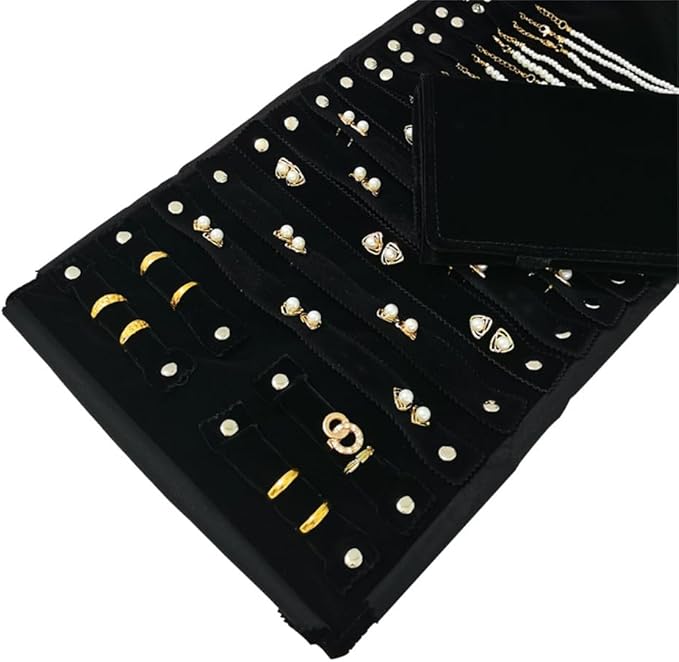 Velvet Travel Jewelry Case Roll Bag Organizer for Necklace Bracelet Earrings Ring (Black) (Black(2+6+6))