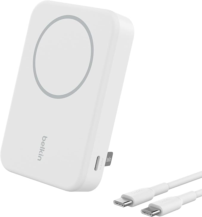 Belkin Portable Charger, Power Bank 10000 mAh w/ Qi2, iPhone Charger - MagSafe Charger w/Built-in Pop-up Kickstand for iPhone 17, Air, Pro, Pro Max, AirPods, Apple Watch, Google Pixel 10, etc - White