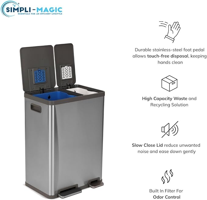 Simpli-Magic 16 Gallon (38L x 22L) Dual Compartment Step Trash Can – Kitchen Garbage Can with Waste & Recycling Bins – Slow-Close Lid, Odor Control, Hands-Free, Easy to Clean, Brushed Stainless Steel