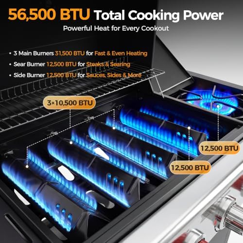MASTER COOK 4 Burner Propane Gas Grill with Side Burner, 56,500 BTU with Sear Burner, 549 Sq.in. Cooking Area, Porcelain Enameled Grates,Stainless Steel BBQ Grills for Outdoor Cooking Patio Garden