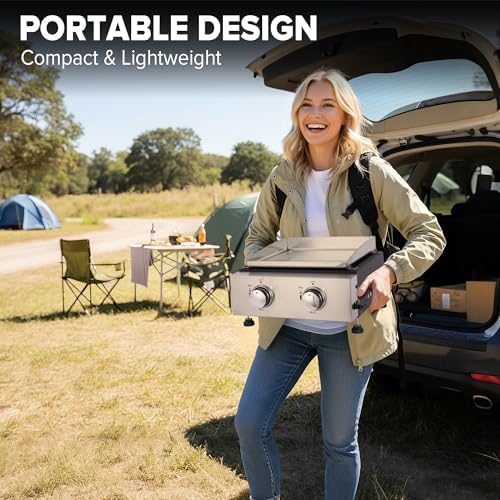 2-Burner Propane Griddle with Storage Cover, Portable Camping Griddle with Stainless Steel Cooking Surface, 20,000 BTU Tabletop Gas Griddle for Outdoor BBQ, Tailgating, RV Trips