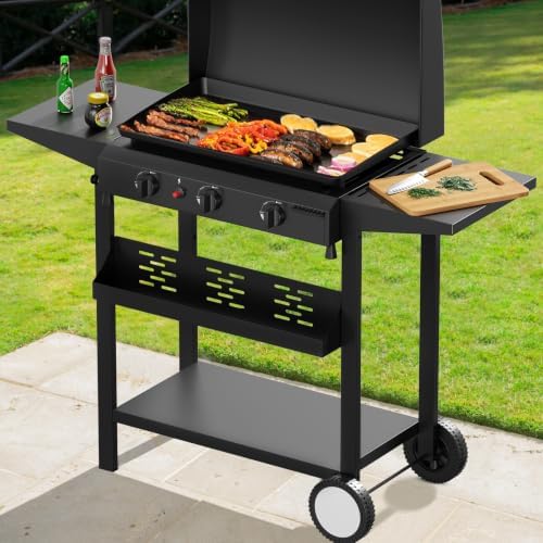 SKOK Propane Gas Griddle with Hood - Flat Top Grill with Standing Cart