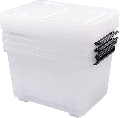 4 Packs 30 L Stackable Plastic Storage Bins with Lids and Wheels, Latching Clear Storage Container Box