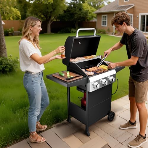 ROVSUN 3-Burner Propane Gas BBQ Grill with Foldable Side Tables & Enameled Cast Iron Grates, 36,000 BTU Barbecue Grill with Portable Wheels for Outdoor Patio Backyard Cooking Grilling, Black