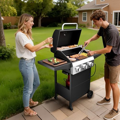 ROVSUN 3-Burner Propane Gas BBQ Grill with Foldable Side Tables & Enameled Cast Iron Grates, 36,000 BTU Barbecue Grill with Portable Wheels for Outdoor Patio Backyard Cooking Grilling, Black