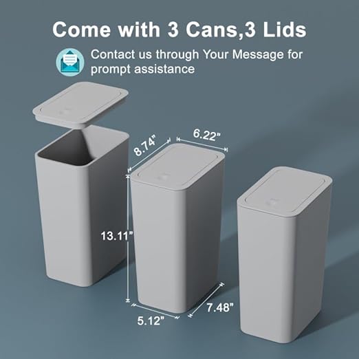 N. NETDOT 3 Pack 10 Liter / 2.6 Gallon Bathroom Trash Can, Small Trash Can with Lid, Garbage Can Waste Basket for Bathroom, Kitchen, Bedroom, Powder Room, Craft Room, Office, College (Gray)