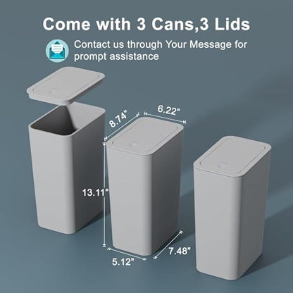 N. NETDOT 3 Pack 10 Liter / 2.6 Gallon Bathroom Trash Can, Small Trash Can with Lid, Garbage Can Waste Basket for Bathroom, Kitchen, Bedroom, Powder Room, Craft Room, Office, College (Gray)