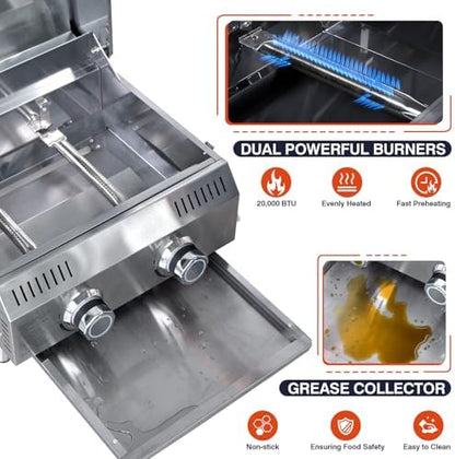 Llamaviva Tabletop Propane Gas Grill, 2 Burner 20,000 BTU Stainless Steel Portable BBQ Grill, Compact Outdoor Grill for Camping, RV, Patio, Tailgating, Picnic, Backyard Cooking