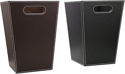KINGFOM Classic Pu Leather Trash Can Wastebasket, Garbage Container Bin with Handles for Bathrooms, Powder Rooms, Kitchens, Home, Office and and High Class Hotel Square Brown