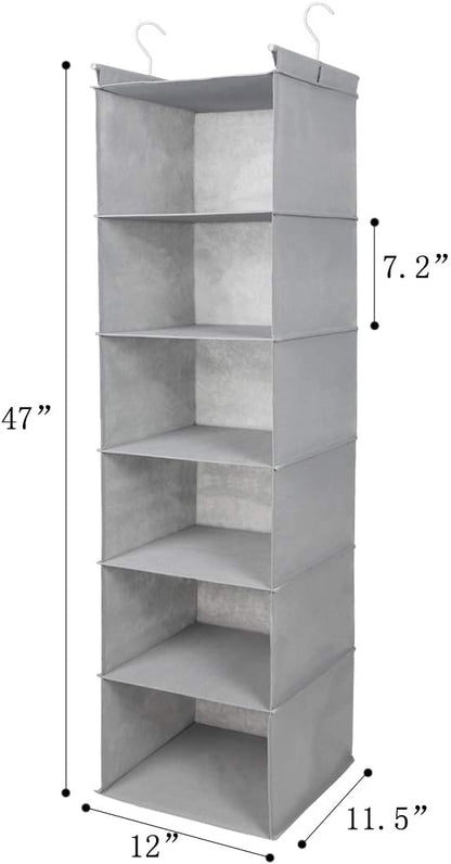 MAX Houser 6 Tier Shelf Hanging Closet Organizer, Closet Hanging Shelf with 2 Sturdy Hooks for Storage, Foldable (Light Grey)