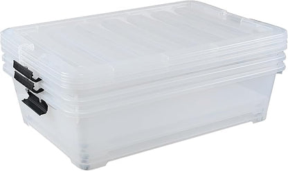 50 Quart Clear Plastic Under Bed Storage Bin with Lid, Underbed Storage Container with Wheels, 3-Pack