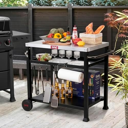 Feasto 3-Shelf Pizza Oven Table, Outdoor Grill Cart, 33.5" x 21.7", Black