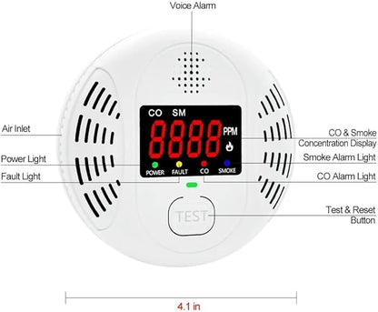 Carbon Monoxide and Smoke Detector Equipped with LCD Display, Battery Powered, Dual Sensor Alarm, 85dB Voice Alarm and Real-time CO Tracking, Suitable for Home/Kitchen/Bedroom/RV 1-Pack
