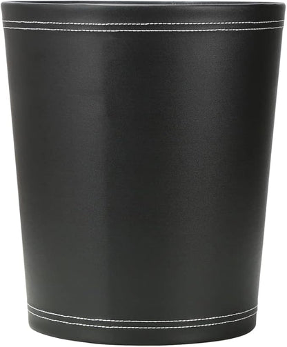 KINGFOM Classic Pu Leather Trash Can Wastebasket, Small Garbage Container Can for Bathrooms, Powder Rooms, Kitchens, Home, Office and and High Class Hotel Round Black