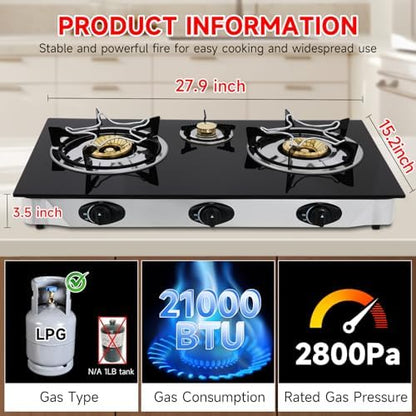 Propane Gas Cooktop,3 Burners Gas Stove portable, 0.28"Tempered Glass, Auto Ignition Camping 3 Burner LPG for RV,Apartments,Outdoor