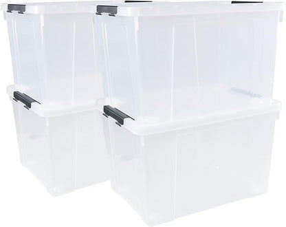 4 Pack Clear Storage Latch Bin with Lid, 34 L Plastic Wheeled Storage Box