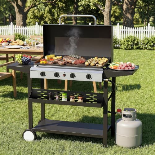 SKOK Propane Gas Griddle with Hood - Flat Top Grill with Standing Cart