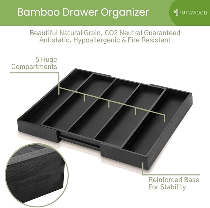 Purawood Kitchen Drawer Organizer - Expandable Utensil Organizer for Kitchen, Cutlery Tray & Silverware Organizer, 3-5 Slots - Bamboo Drawer Organizer for Utensils & Flatware (Black)