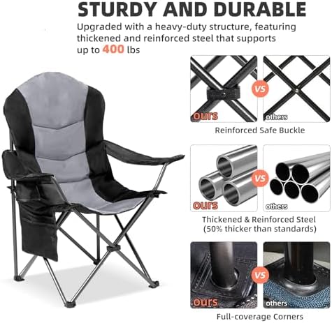 2 Pack Folding Camping Chairs for Adults - High Back Padded Outdoor Lawn Chairs with Lumbar Support & Cup Holder, 400lbs Heavy Duty Portable Camping Chairs Set (Black & Light Gray)