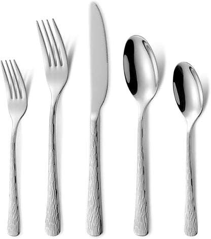 Black Hammered Silverware Set, Heavy Duty Flatware Set, 18/10 Stainless Steel