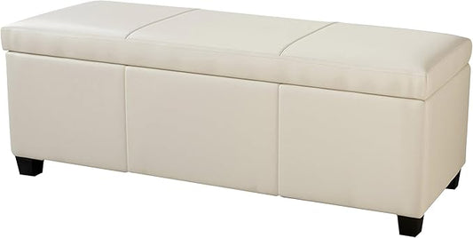 BELLEZE Storage Faux Leather Ottoman, 47 Inch Bench Bedroom Bench with Safety Close Hinge, Extra Long Ottoman with Storage for Living Room, Entryway, Foot Rest, Support 300lbs - Cream