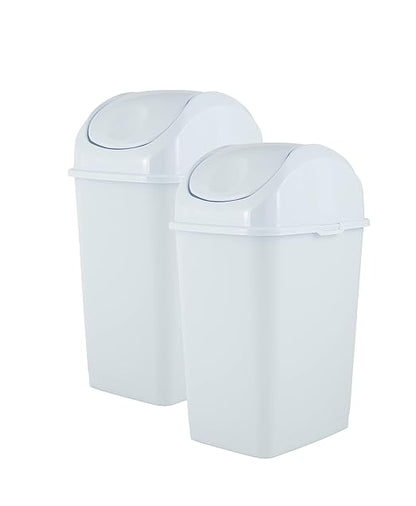 Superio Small Plastic Trash Can with Swing Top Lid, Compact Slim Waste Bin for Under Desk, Office, Bedroom, Bathroom, Dorm Room, 10 Qt. Portable Garbage Can 2.5 Gallon (White, 2 Pack)