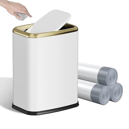 8L/2.1 Gallon Small Bathroom Trash Can with Lid, Swing-Top Rectangular Waste Bin, Stainless Steel Garbage Can for Home, Office, Toilet, Bedroom, Living-Room (White)