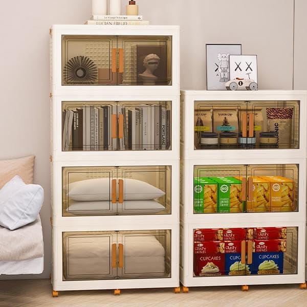 Plastic Stackable Storage Bins with Lids and Wheels, Foldable Closet Organizers and Storage Containers for Bathroom, Collapsible Clear Drawer Storage Cabinet with Doors White 22.4Gal 2Tiers