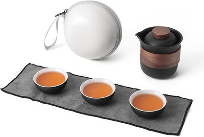 Mini Travel Ceramic Tea Pot Set Chinese Kung Fu Teapot, 1 Pot 3 Cups Porcelain Teacups with Tea Infuser Portable Bag for Home Office Outdoor Picnic Black