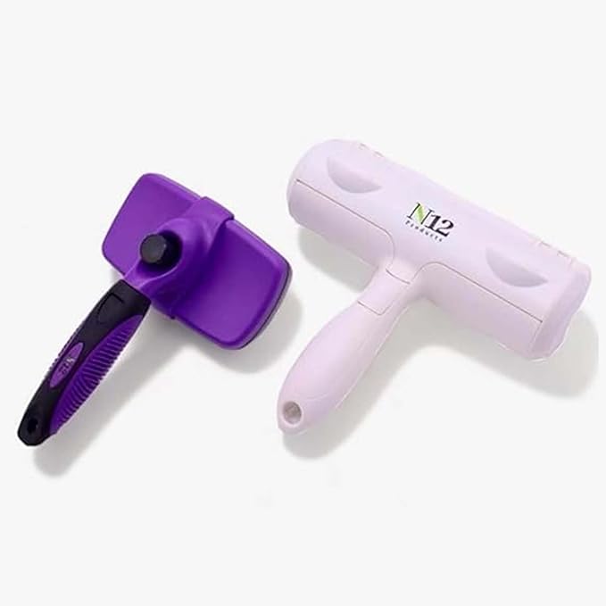 N12 Cat, Dog Hair Remover/Lint Roller and Grooming Hair Bush Combo – Pet Fur Remover for Couch, Furniture, Carpet, Car Seat & Self-Cleaning Slicker Grooming Brush with Long Pins for Shedding