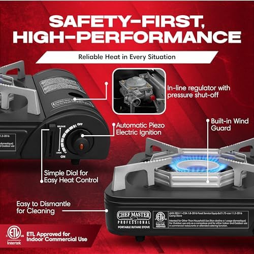 Chef Master Butane Camping Stove - Combo w/ 4 Fuel Canisters - 7,650 BTU