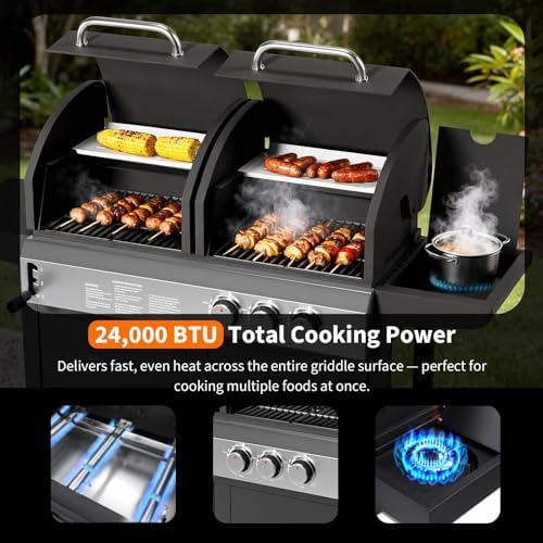 3-Burner Propane Gas Griddle – 24,000 BTU Convertible Flat Top Grill with Hood & Removable Cart – Portable for Camping, Tailgating, Backyard