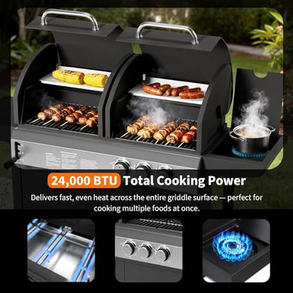 3-Burner Propane Gas Griddle – 24,000 BTU Convertible Flat Top Grill with Hood & Removable Cart – Portable for Camping, Tailgating, Backyard