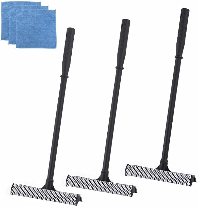Matthew All Purpose Window Squeegee w/Premium Microfiber Cloth 3Pcs,Car Squeegee Windshield Cleaning Sponge and Rubber Squeegee,2-in-1 Window Cleaner Sponge(10'') and Soft Rubber With Pole 20''(3Pack)