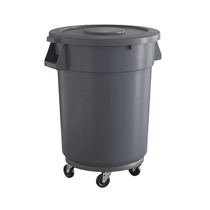 32 Gallon Gray Round Commercial Trash Can with Lid and Dolly