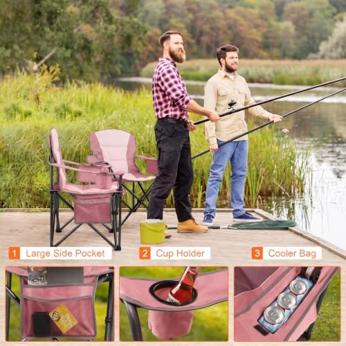 Oversized Padded Camping Chairs for Adults,Heavy Duty Support 400 Lbs,Folding Portable Lawn Chair w/Cup Holder,Cooler Bag,Side Pocket,Perfect for Outdoor Picnic,Hiking(Pink)