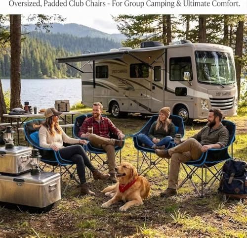EMERIT Oversized Padded Camping Chair for Big Tall Adults, 500 LBS Heavy Duty Foldable Quad Lawn Chair, 19.68" High Seat, 4-Layer Cushion, Cup Holder, Camping Tailgating Backyard Patio Sports, Blue