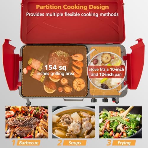 LDAILY 2-Burner Portable Gas Grill, Portable BBQ Grill Propane with Removable Legs, 20,000 BTU Dual Cooking Zones, Wind Guard & Foldable Design, Outdoor Camping Stove, Picnics, Party (Red)