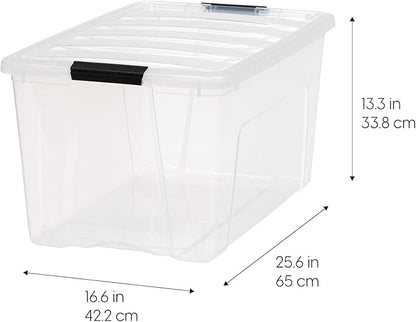 IRIS USA 72 Qt Stackable Plastic Storage Bins with Lids, 6 Pack - BPA-Free, Made in USA - See-Through Organizing Solution, Latches, Durable Nestable Containers, Secure Pull Handle - Clear