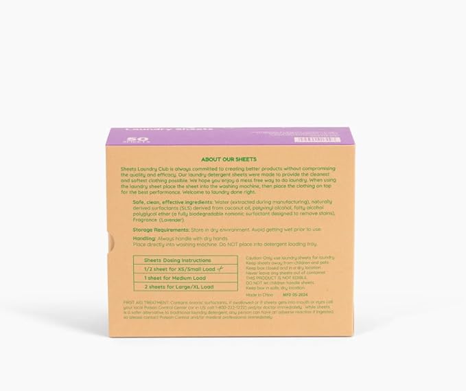 Sheets Laundry Club Laundry Detergent Sheets, 100 Loads - Lavender Scent, Eco-Friendly, Quick-Dissolving Formula, Hypoallergenic, Septic Safe, Plastic-Free Packaging - 50 Sheets